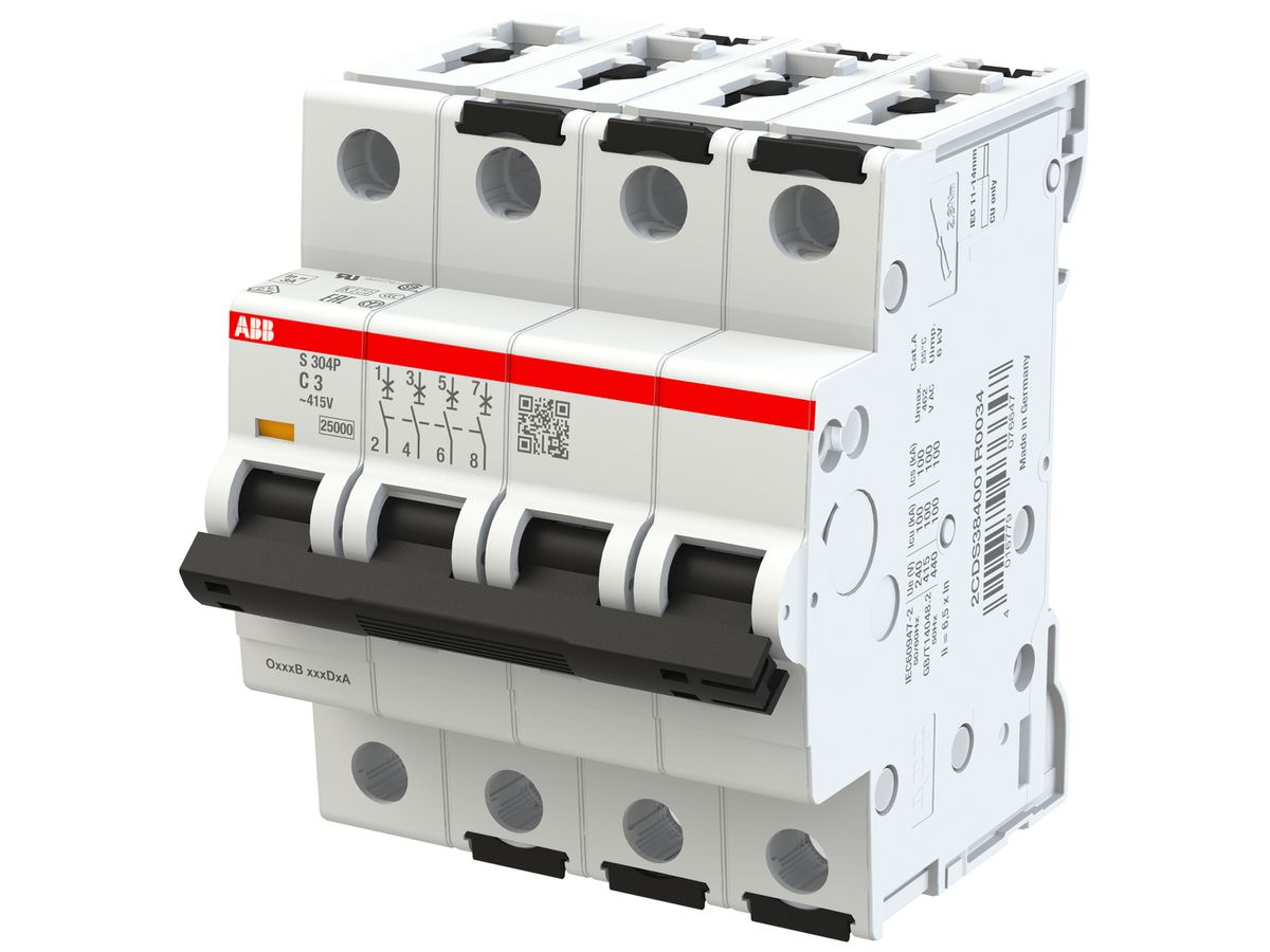 Leitungsschutzschalter ABB MCB S300P 4P 415V Typ C 3A Icn 25kA Icu 100kA 4TE