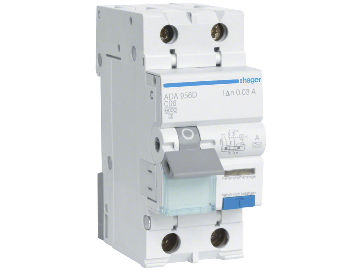 FI/LS-Schalter Hager RCBO 2P 240V Charakteristik C 6A 0.03A Typ A 6kA 2TE