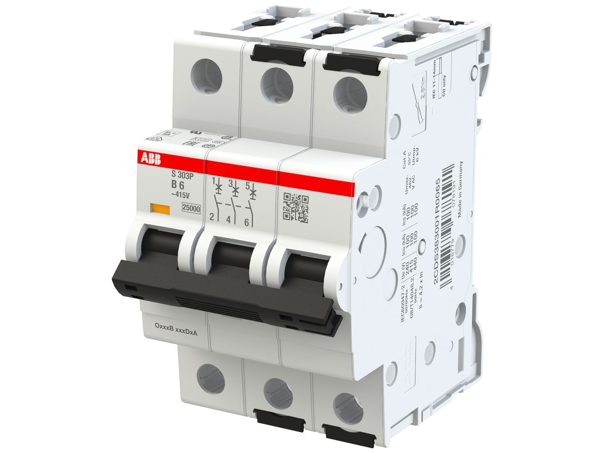 Leitungsschutzschalter ABB MCB S300P 3P 415V Typ B 6A Icn 25kA Icu 100kA 3TE