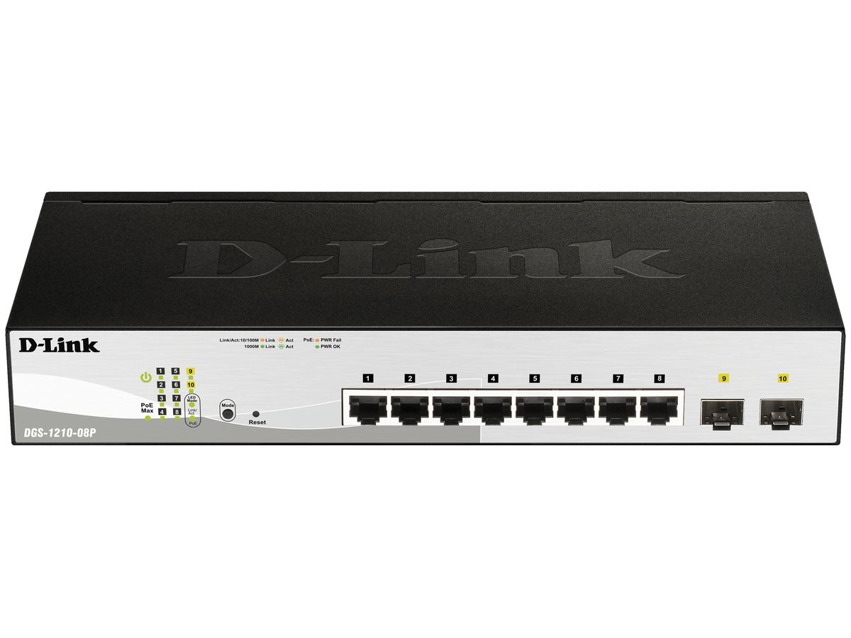 Switch D-LINK DGS-1210-08P/E, 8-Port smart managed Layer2/3 Gigabit PoE+