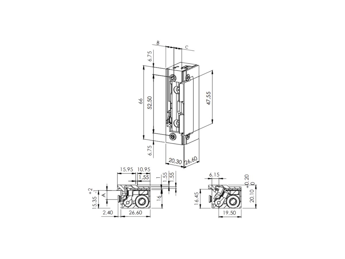 Türöffner BSW B3010-TK, 10…24VUC, stromlos geschlossen, Radiusfalle, Top