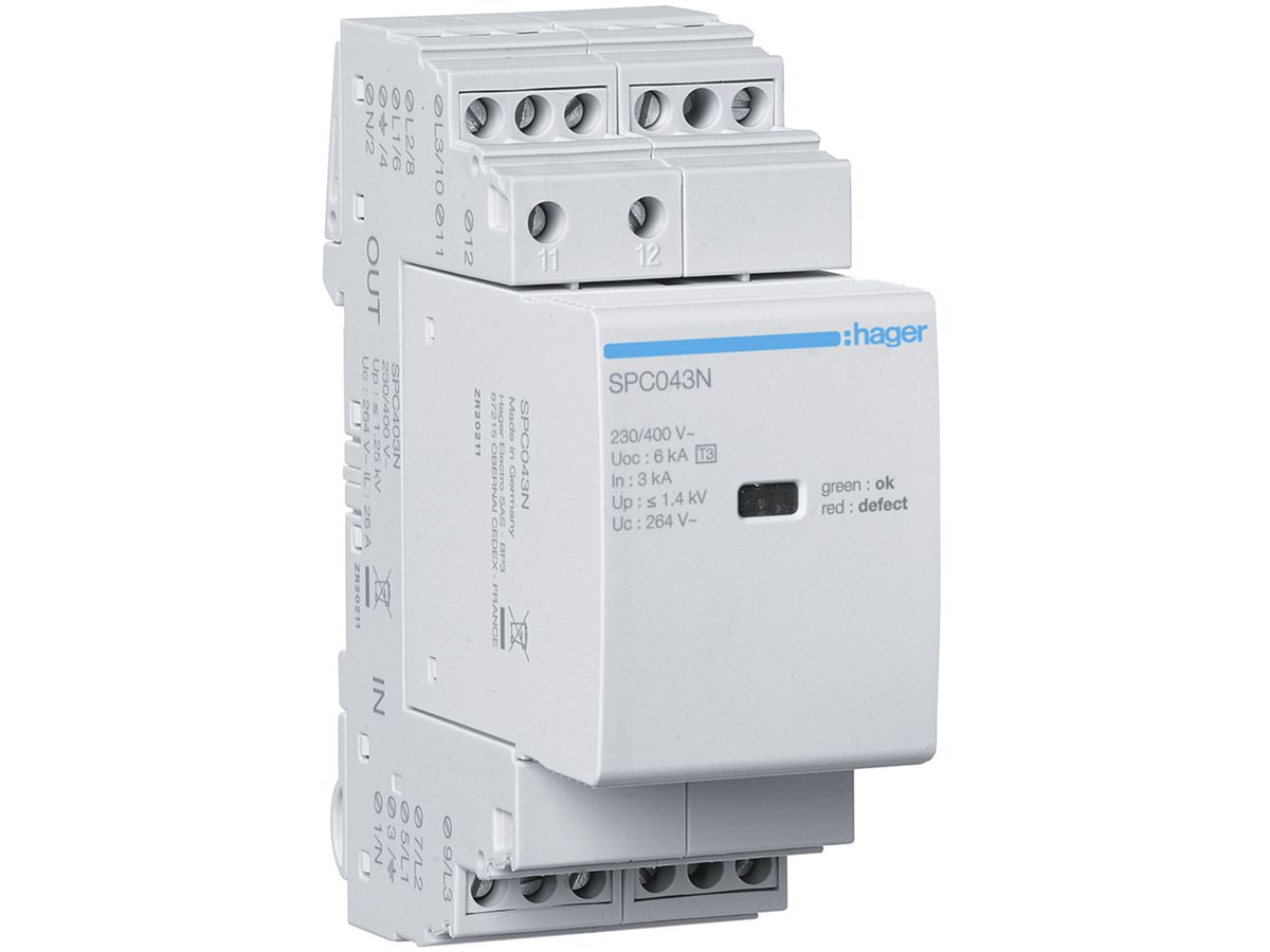 Überspannungsableiter Hager SPD 3P+N 230V Uc 264V 9kA In 3kA Up 1.4kV FM 2TE