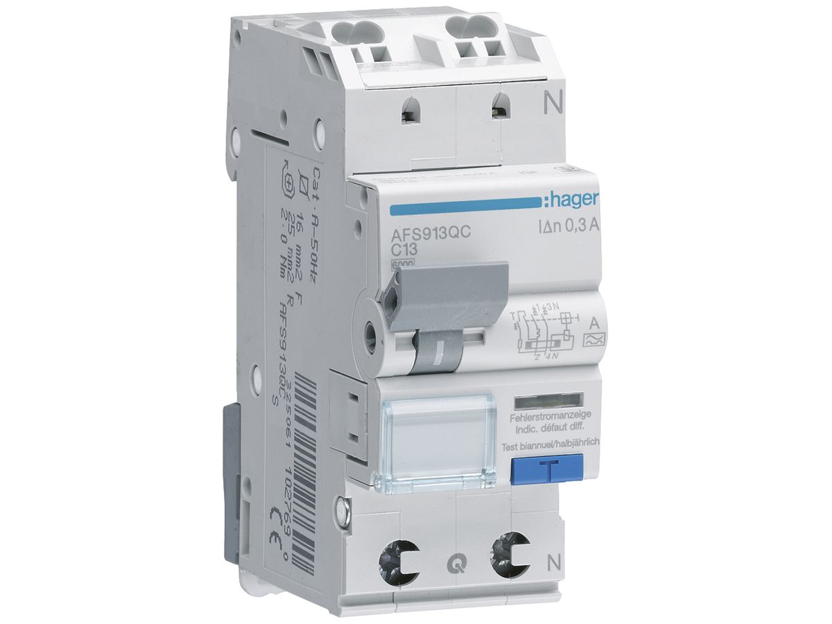 FI/LS-Schalter Hager RCBO QC 2P 230V Char.C 13A 0.3A Typ A 6kA 2TE