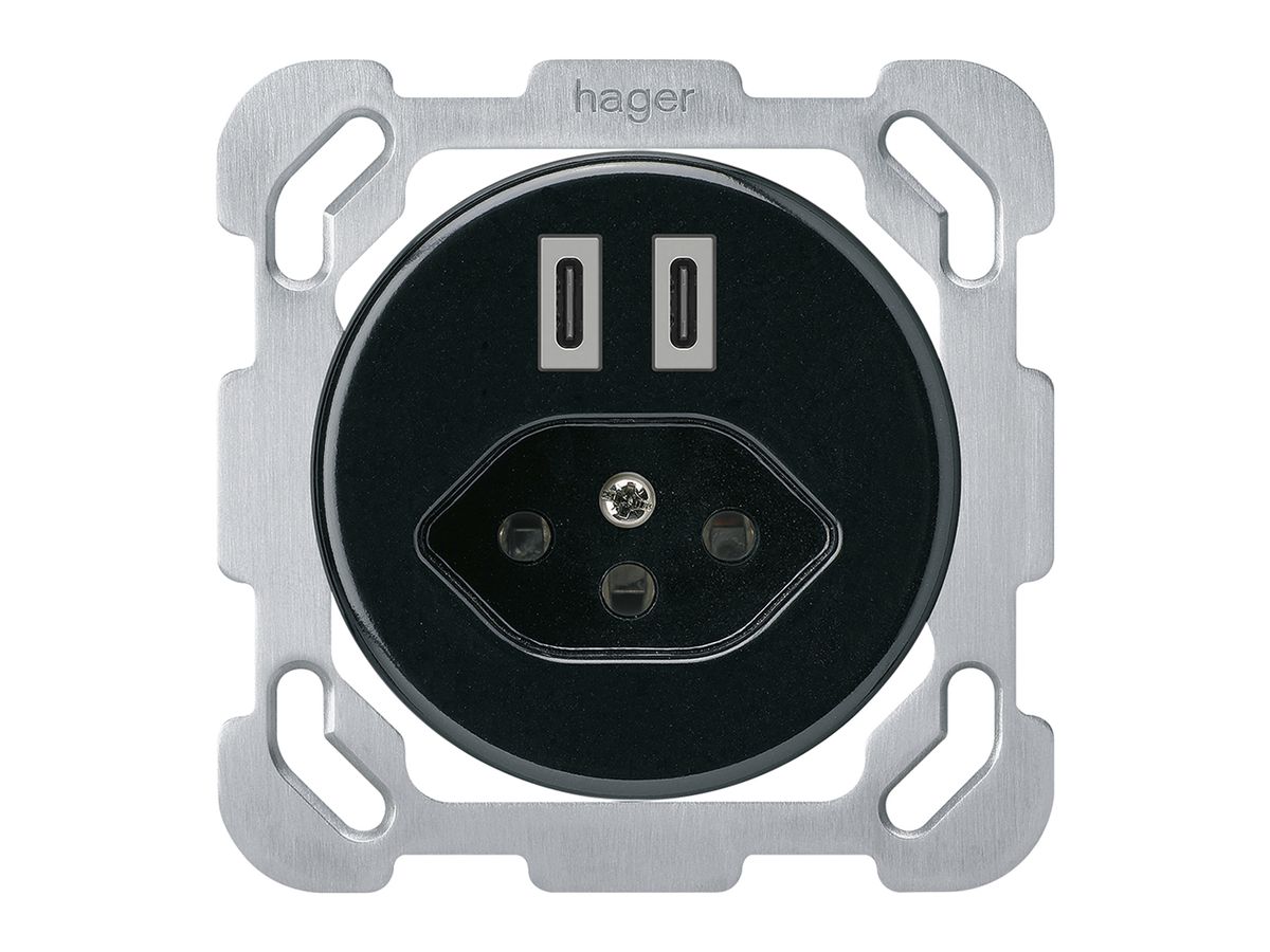 UP-USB-Ladesteckdose Hager basico C-C 20W+T13 5V 77×77mm schwarz