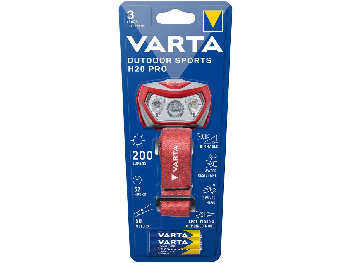 LED-Stirnlampe VARTA Outdoor Sports H20 Pro 200lm mit 3×AAA, IPX4, rot