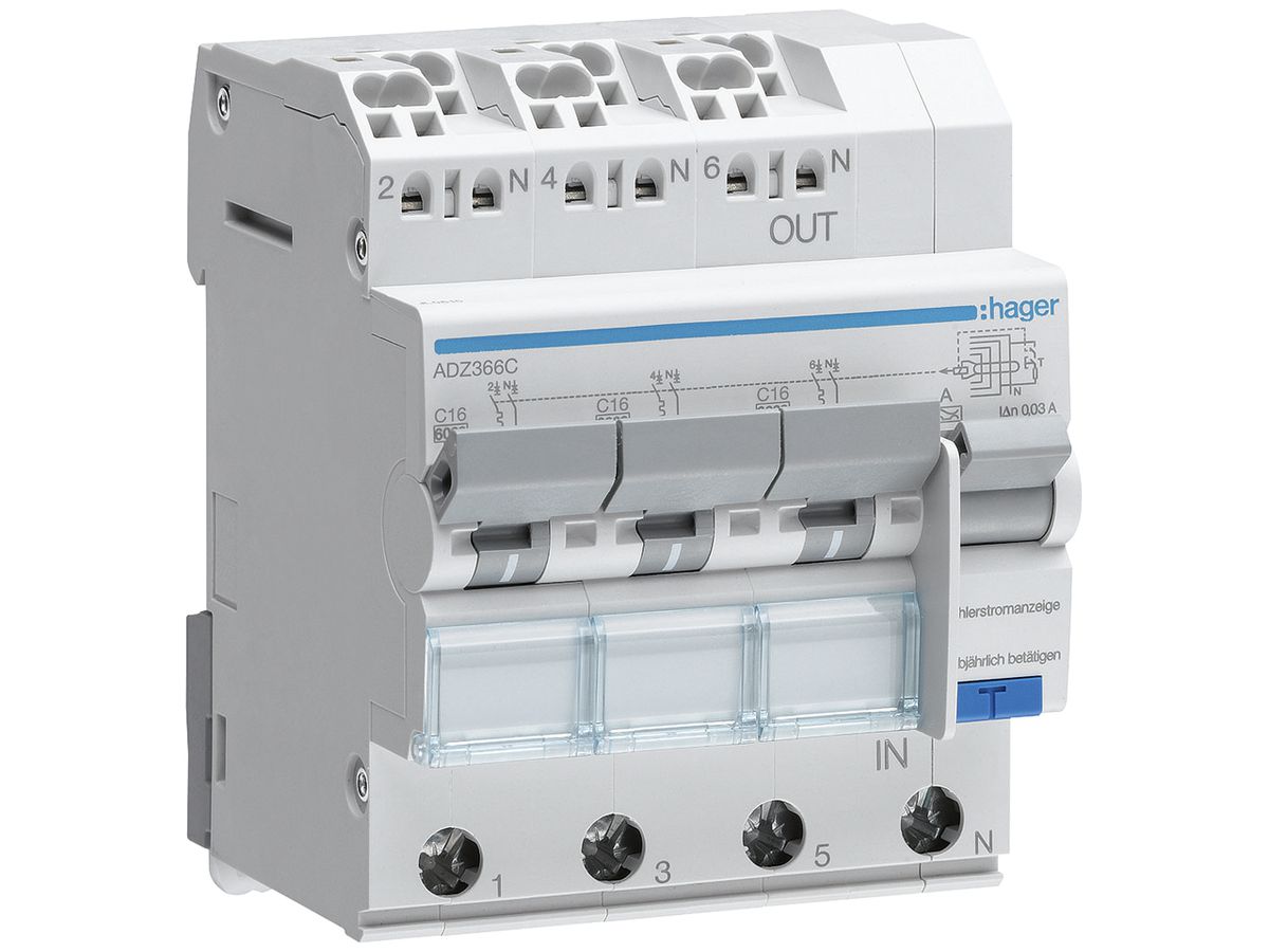 FI/LS-Schalter Hager RCBO QC 3P+N 400V Char.C 16A 0.03A Typ A 6kA 4TE