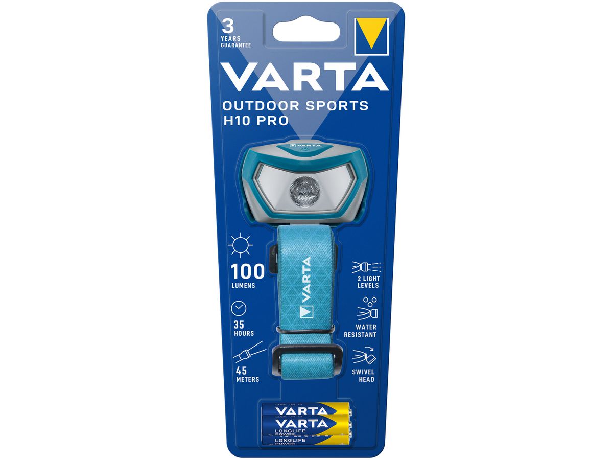 LED-Stirnlampe VARTA Outdoor Sports H10 Pro 100lm mit 3×AAA, IPX4, blau