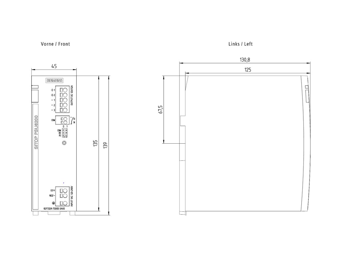 Stromversorgung Siemens SITOP, IN: 120…230VAC (120…240VDC), OUT: 12VDC/12A