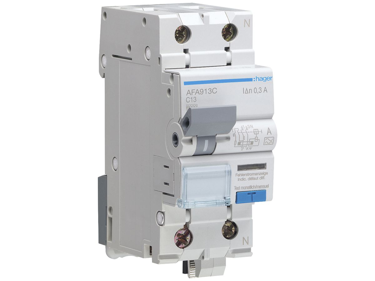 FI/LS-Schalter Hager RCBO 2P 230V Charakteristik C 13A 0.3A Typ A 2TE