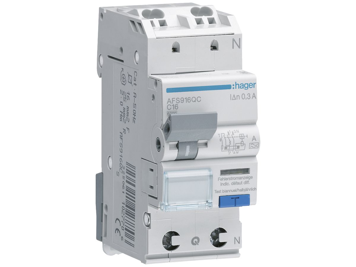 FI/LS-Schalter Hager RCBO QC 2P 230V Char.C 16A 0.3A Typ A 6kA 2TE