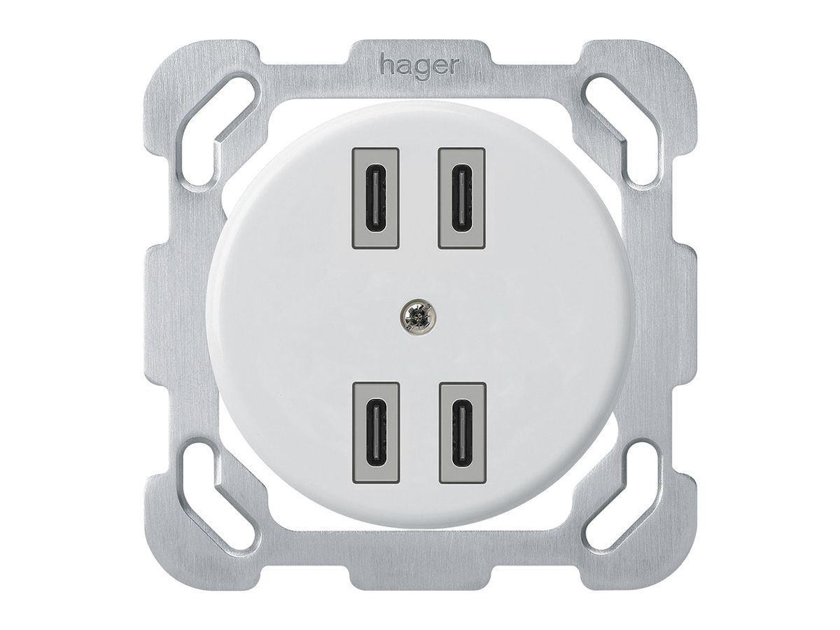 UP-USB-Ladesteckdose Hager basico 2×C-C 2×20W oder 4×10W 5V 77×77mm weiss