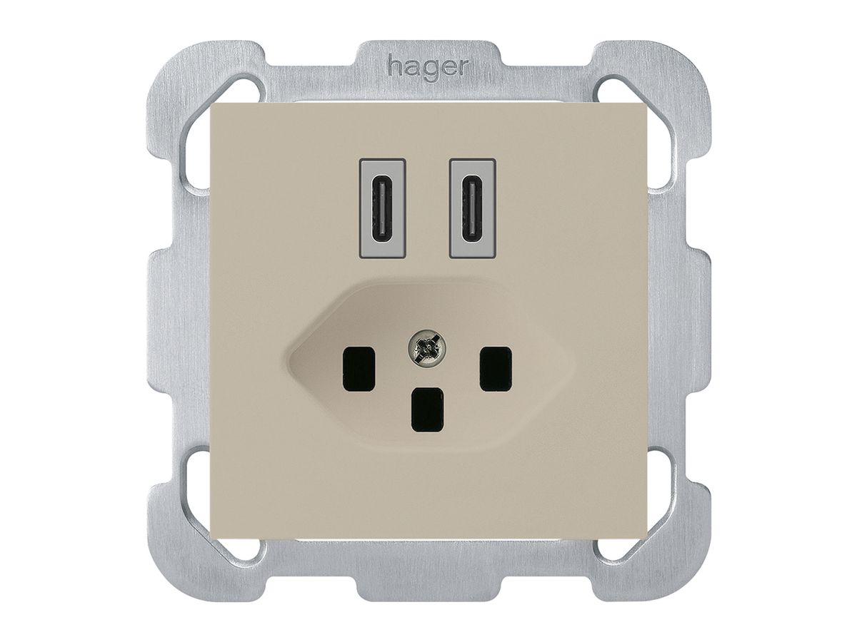 UP-USB-Ladesteckdose Hager kallysto C-C 20W+T23 5V 77×77mm beige