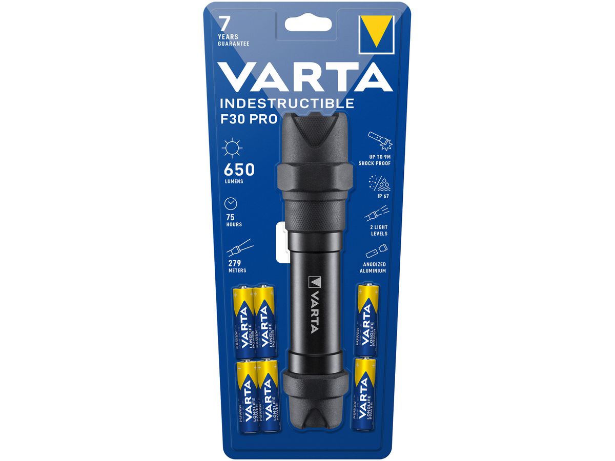 LED-Taschenlampe VARTA Indestructible F30 Pro, 650lm, mit 6×AA