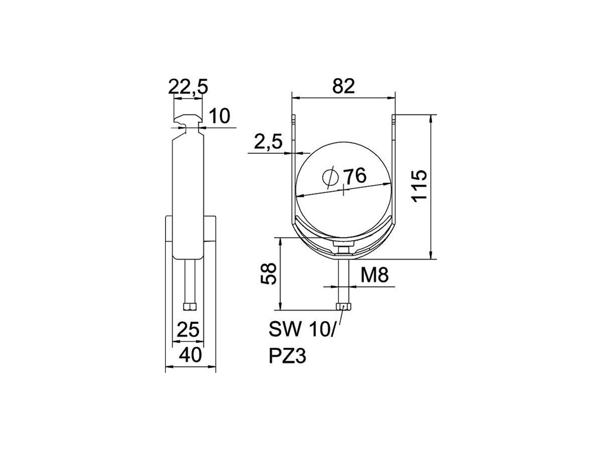 Schnellverleger BET 2056 H-Fuss Kunststoff 70…76mm 1×Kabel Stahl tfZn