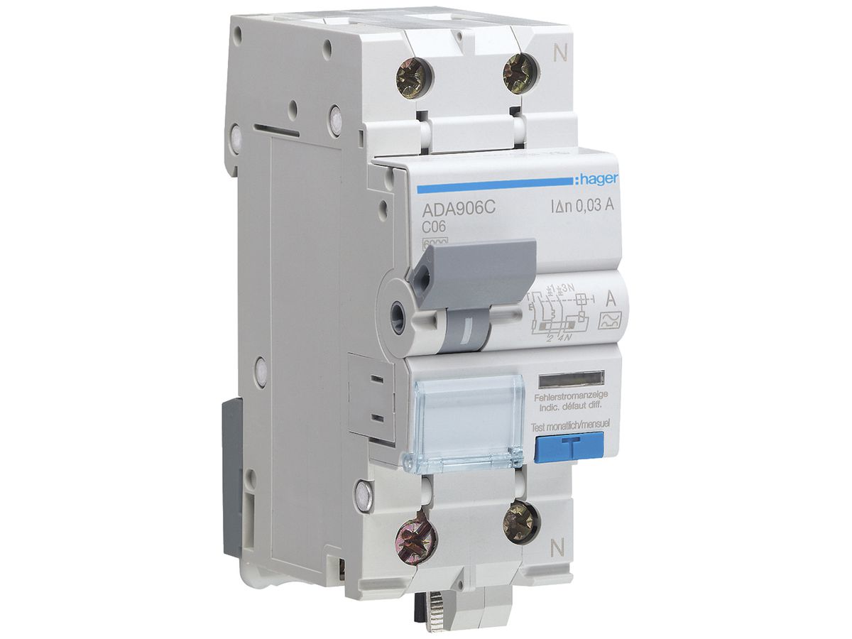 FI/LS-Schalter Hager RCBO 2P 230V Charakteristik C 6A 0.03A Typ A 2TE