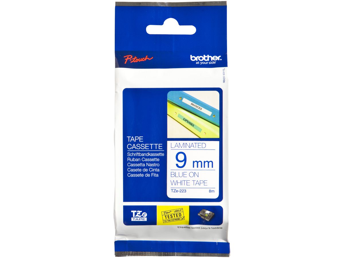 Schriftbandkassette Brother TZe-223 9mm×8m, weiss-blau