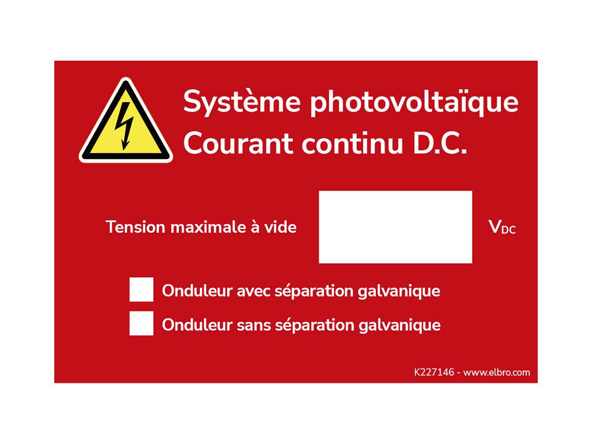 Warnaufkleber ELBRO Système photovoltaïque Courant continu 90×60mm rot