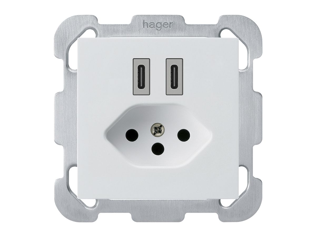 UP-USB-Ladesteckdose Hager kallysto C-C 20W+T13 5V 77×77mm weiss