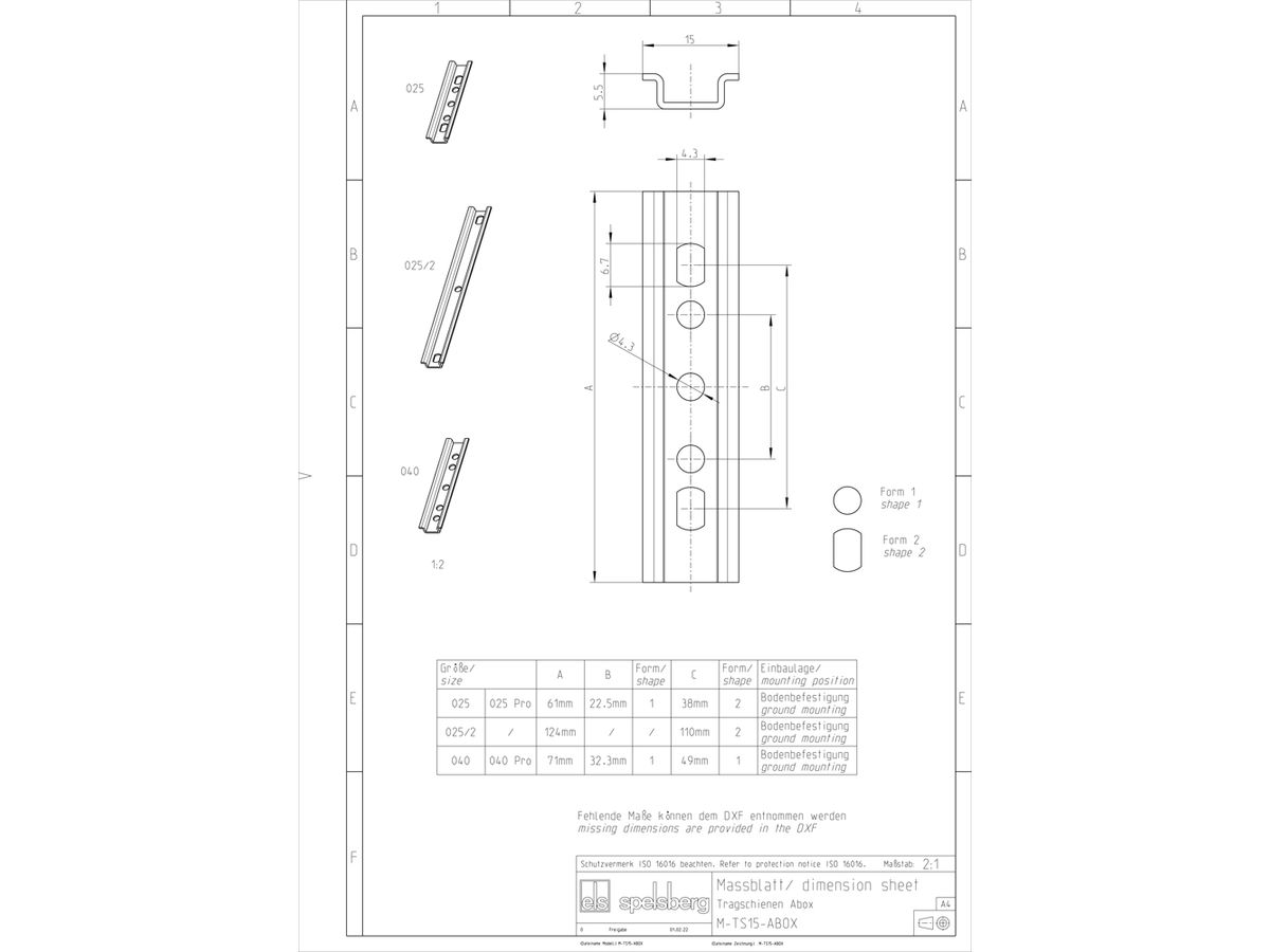 Normschiene Spelsberg Abox 025/2 TS15 15×124×5.5mm