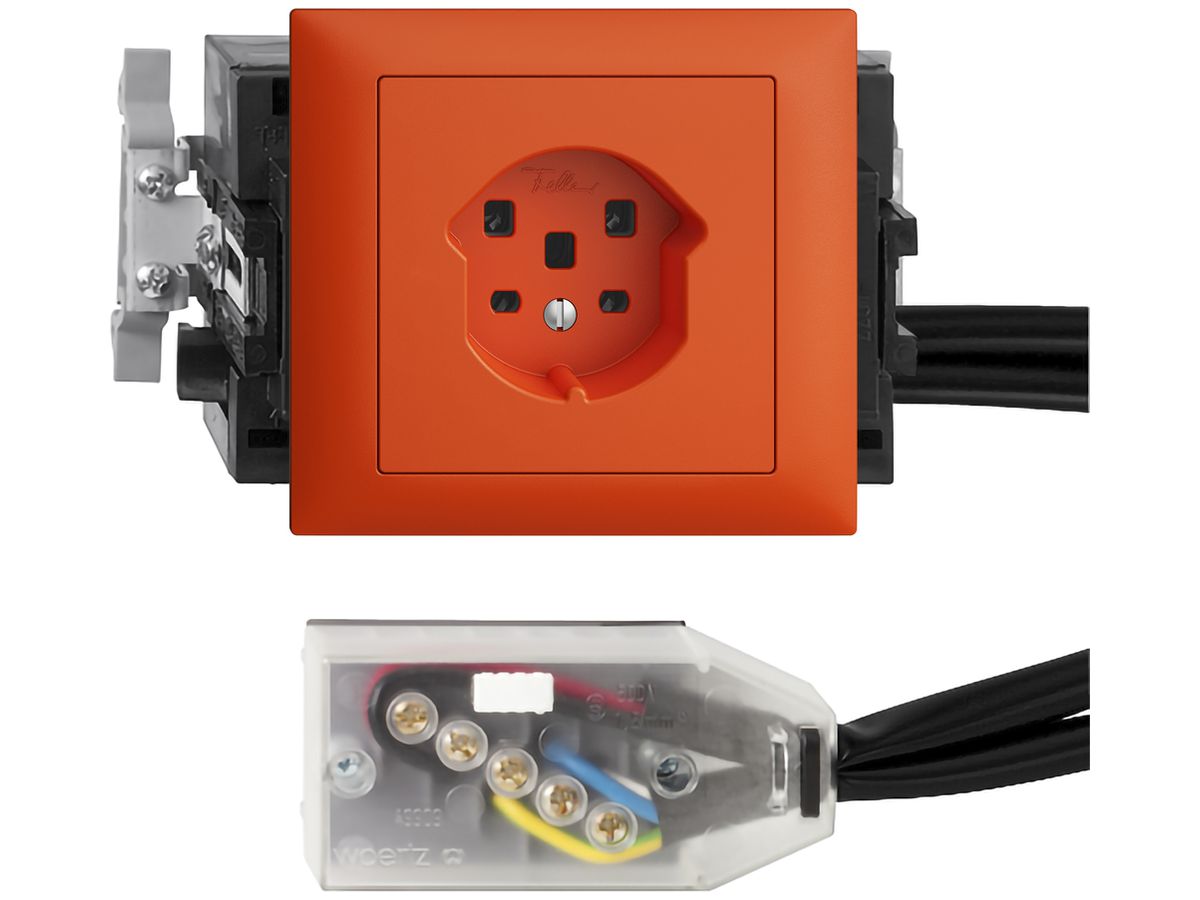 EB-Steckdose EDIZIOdue T25 orange 53mm Snap für Flachkabel Technofil