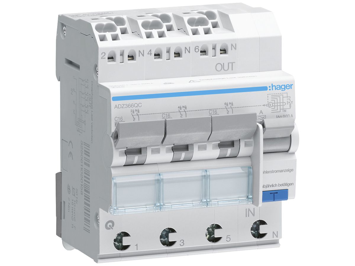 FI/LS-Schalter Hager RCBO QC 3P+N 230V Char.C 16A 0.03A Typ A 6kA 4TE