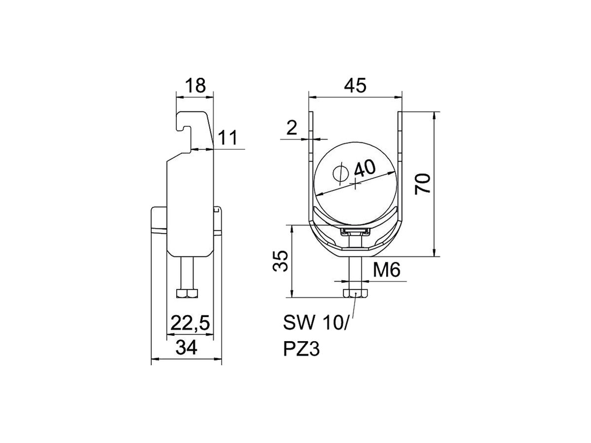 Schnellverleger BET 2056 U-Fuss Kunststoff 34…40mm 1×Kabel A2 1.4301