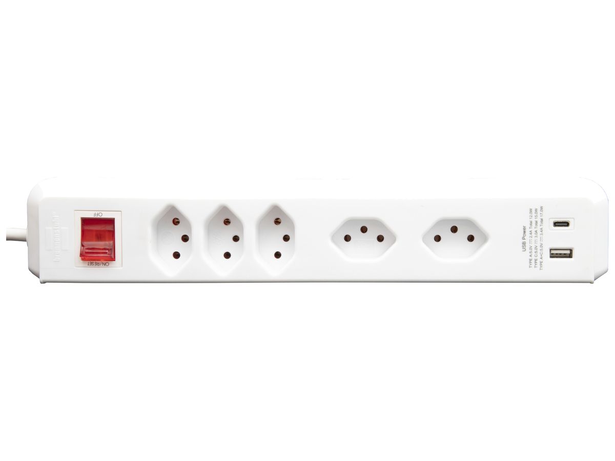 Steckdosenleiste cleverLINE Schalter 3+2×T13 1×USB A+C 3m H05VV-F 3×1mm² ws