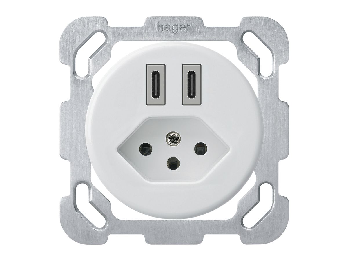 UP-USB-Ladesteckdose Hager basico C-C 20W+T13 5V 77×77mm weiss