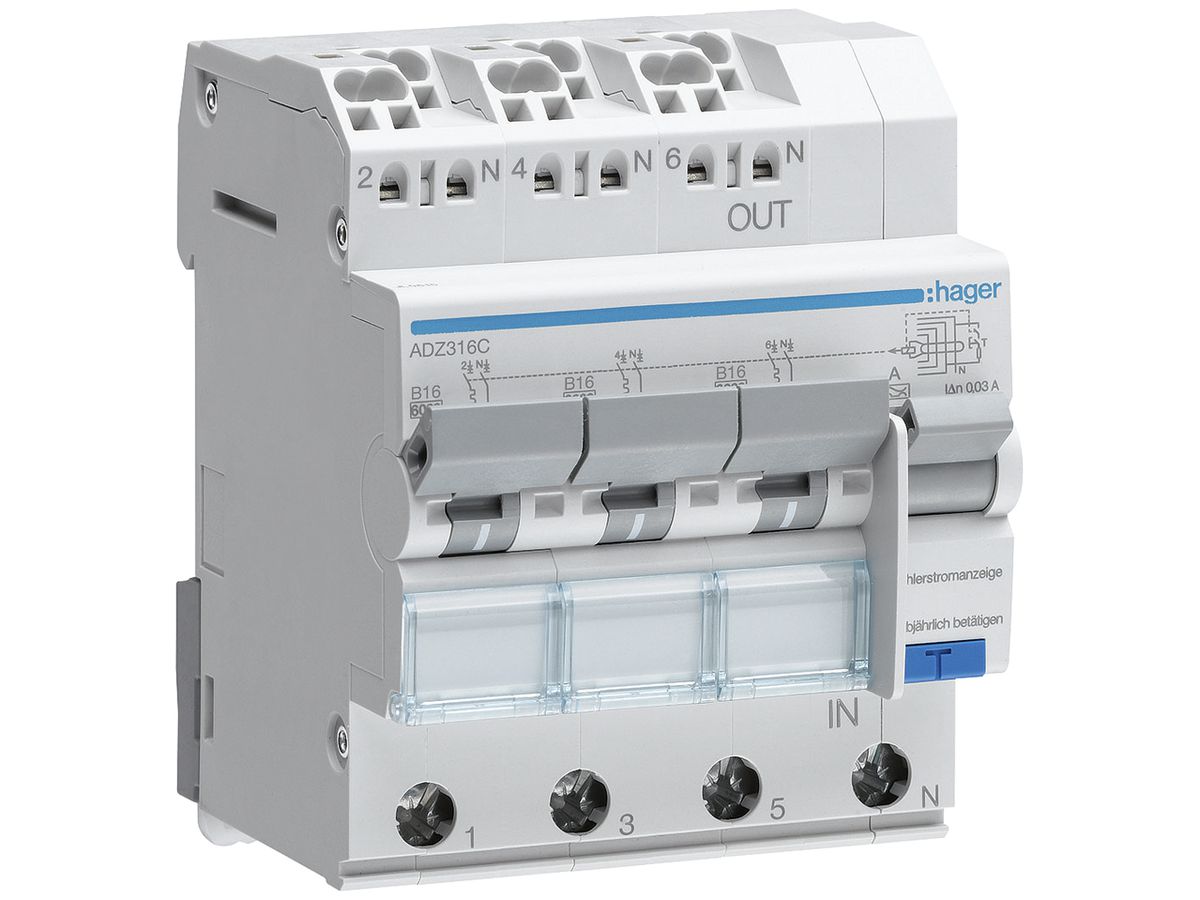 FI/LS-Schalter Hager RCBO QC 3P+N 400V Char.B 16A 0.03A Typ A 6kA 4TE