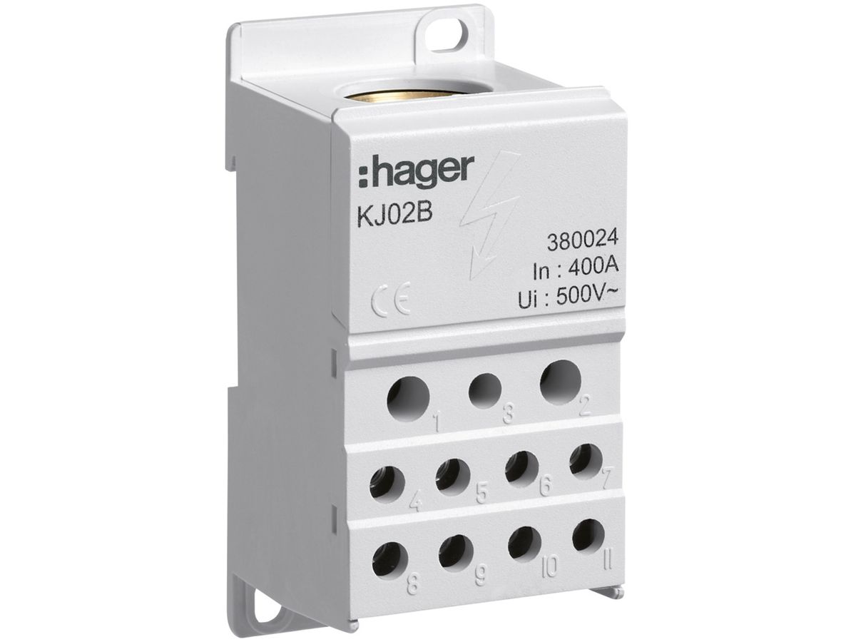 Verteilerblock Hager 400A 1L 1×150mm² 2×2.5…25mm² + 5×1.5…16mm² + 4×10mm²