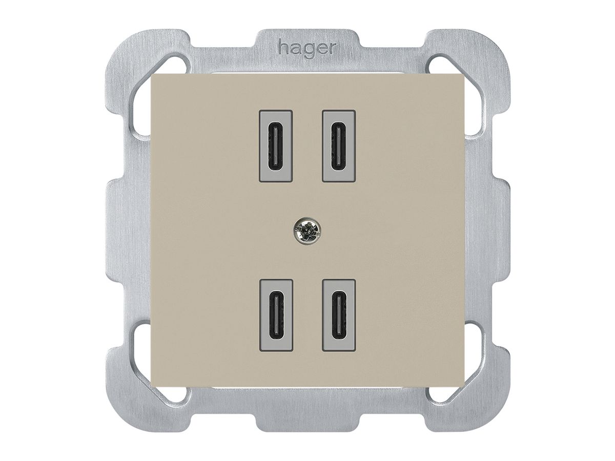 UP-USB-Ladesteckdose Hager kallysto 2×C-C 2×20W oder 4×10W 5V 77×77mm beige