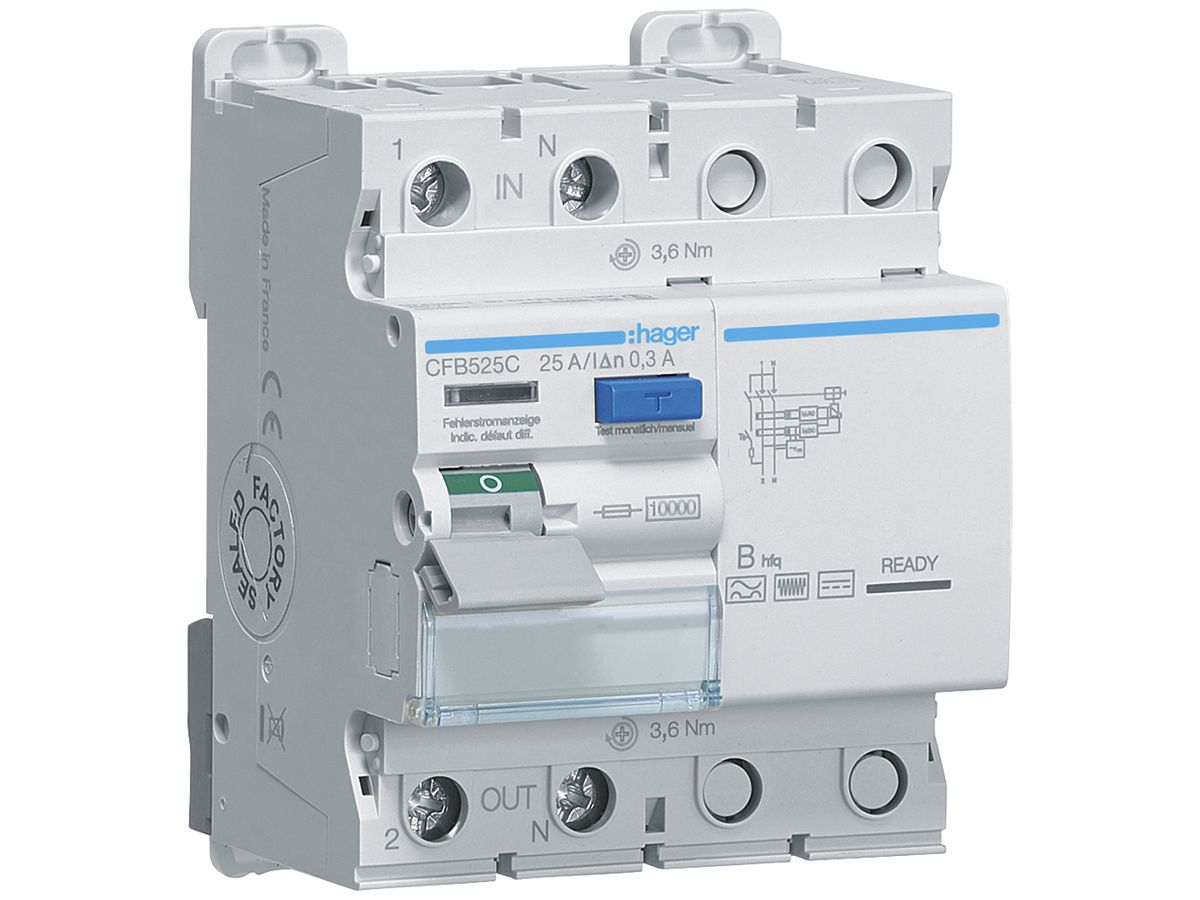 Fehlerstrom-Schutzschalter Hager RCCB (RCD) 2P 230V 0.3A Typ B hfq 25A 10kA 4TE