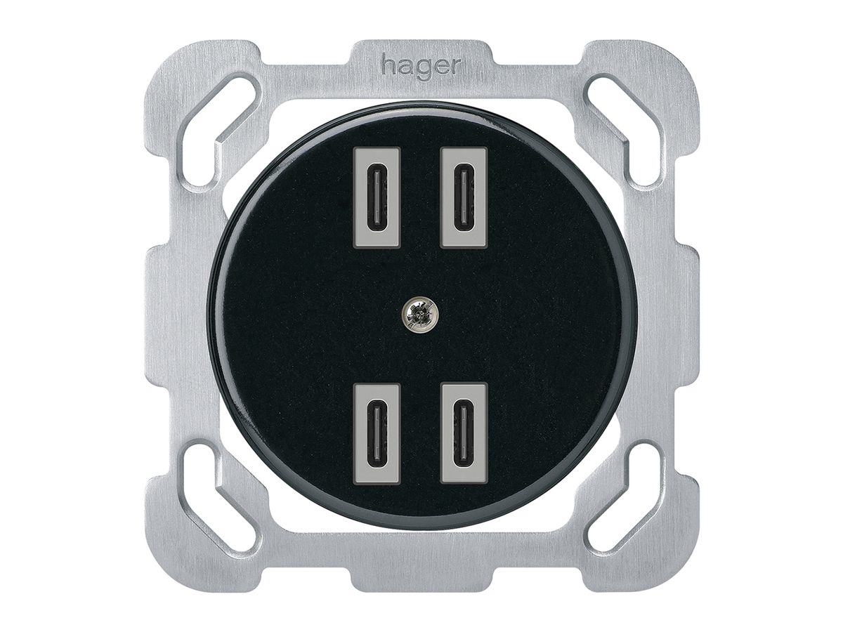 UP-USB-Ladesteckdose Hager basico 2×C-C 2×20W oder 4×10W 5V 77×77mm schwarz