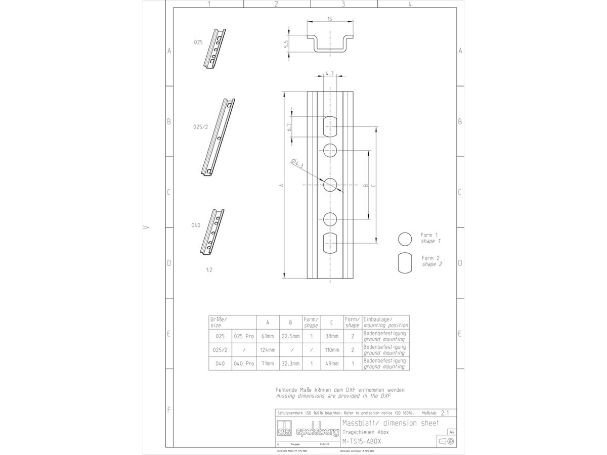 Normschiene Spelsberg Abox 040 TS15 15×71×5.5mm