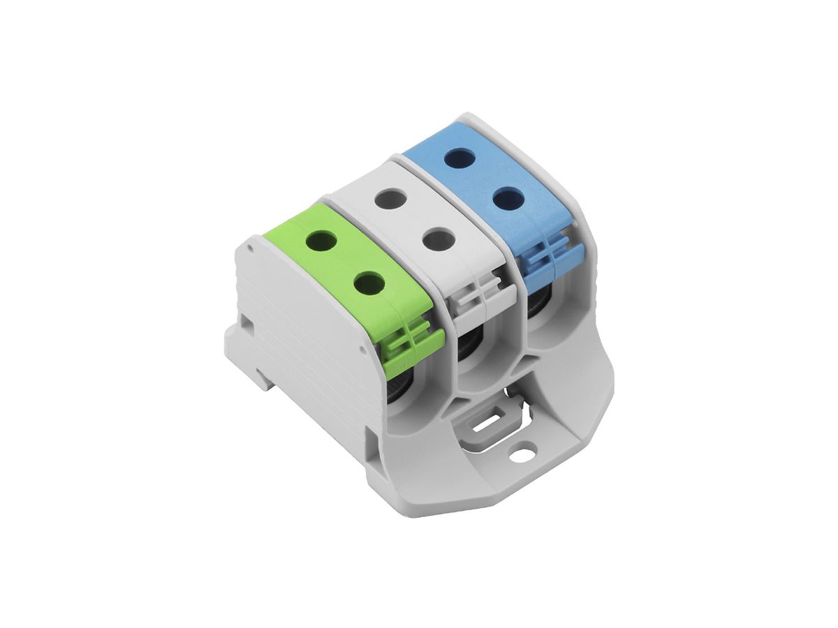 Verteilerblock WM WPD 330 3×50/3×50mm² 150A 1000V TS35 blau/grün/lichtgrau