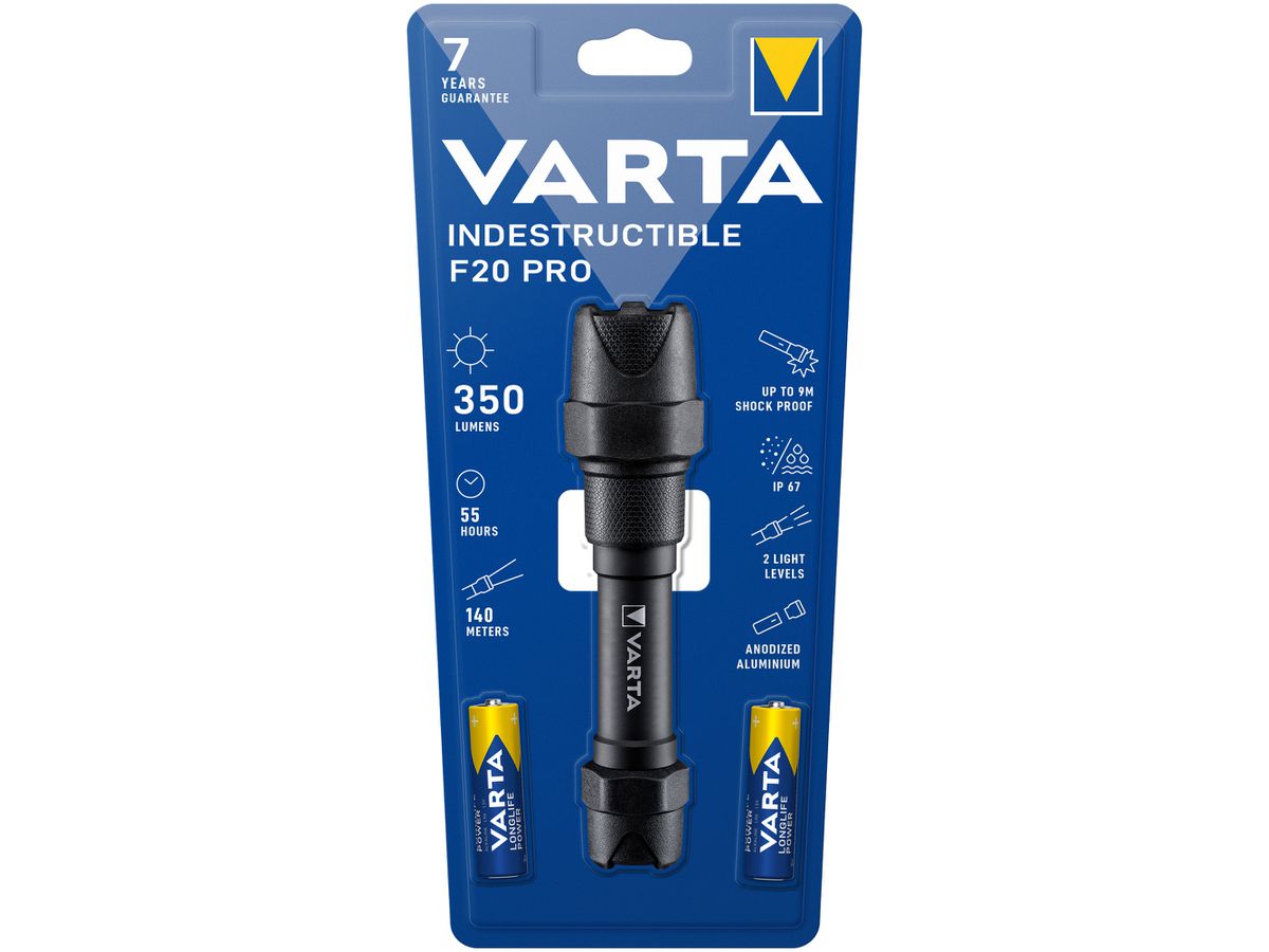 LED-Taschenlampe VARTA Indestructible F20 Pro, 350lm, mit 2×AA