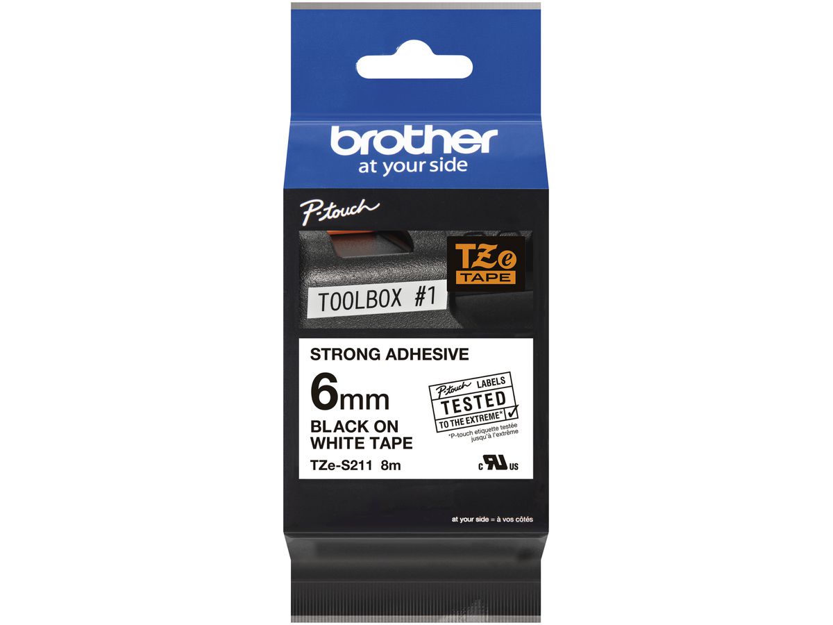 Schriftbandkassette Brother TZe-S211 6mm×8m, weiss-schwarz