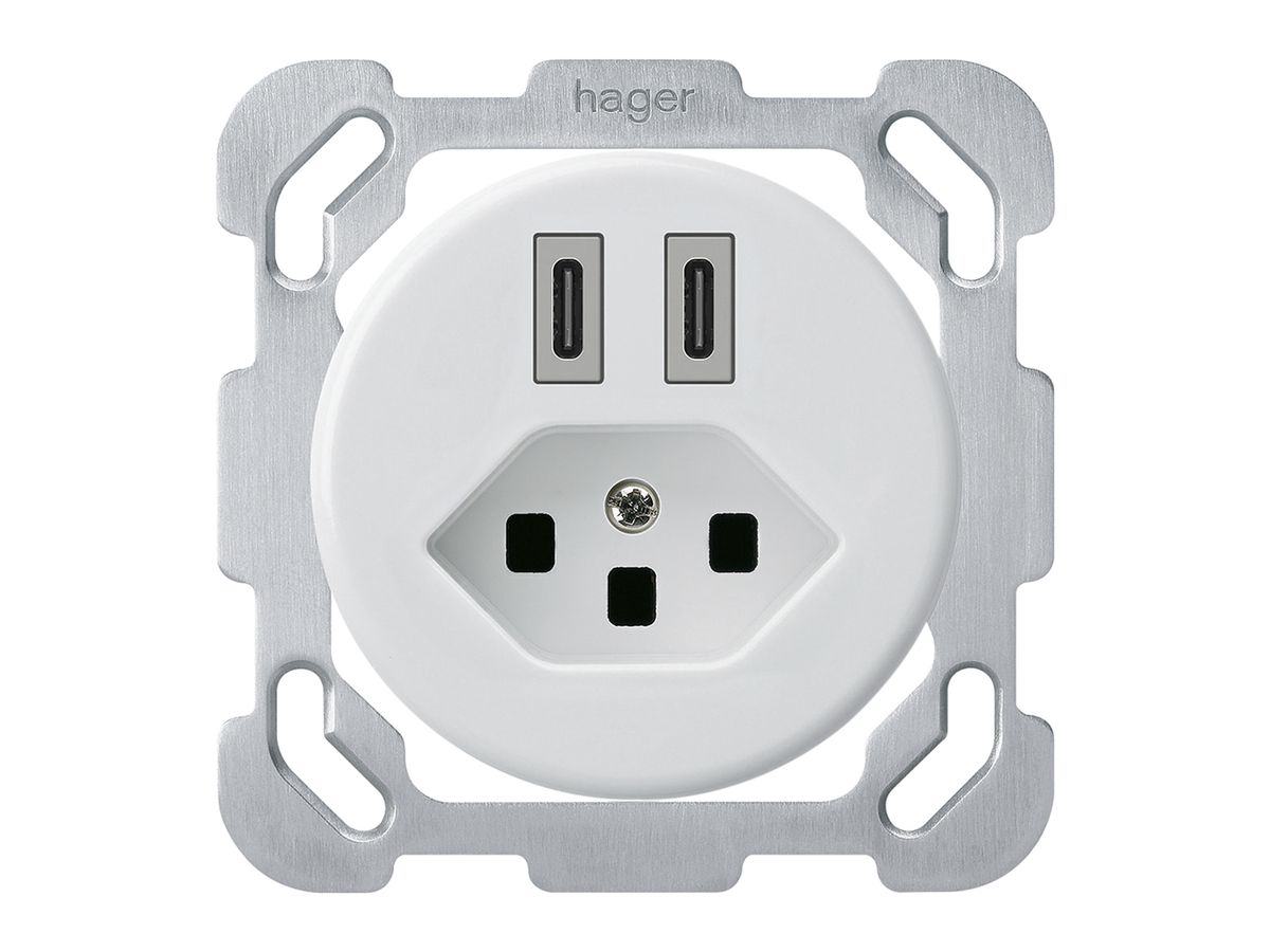 UP-USB-Ladesteckdose Hager basico C-C 20W+T23 5V 77×77mm weiss