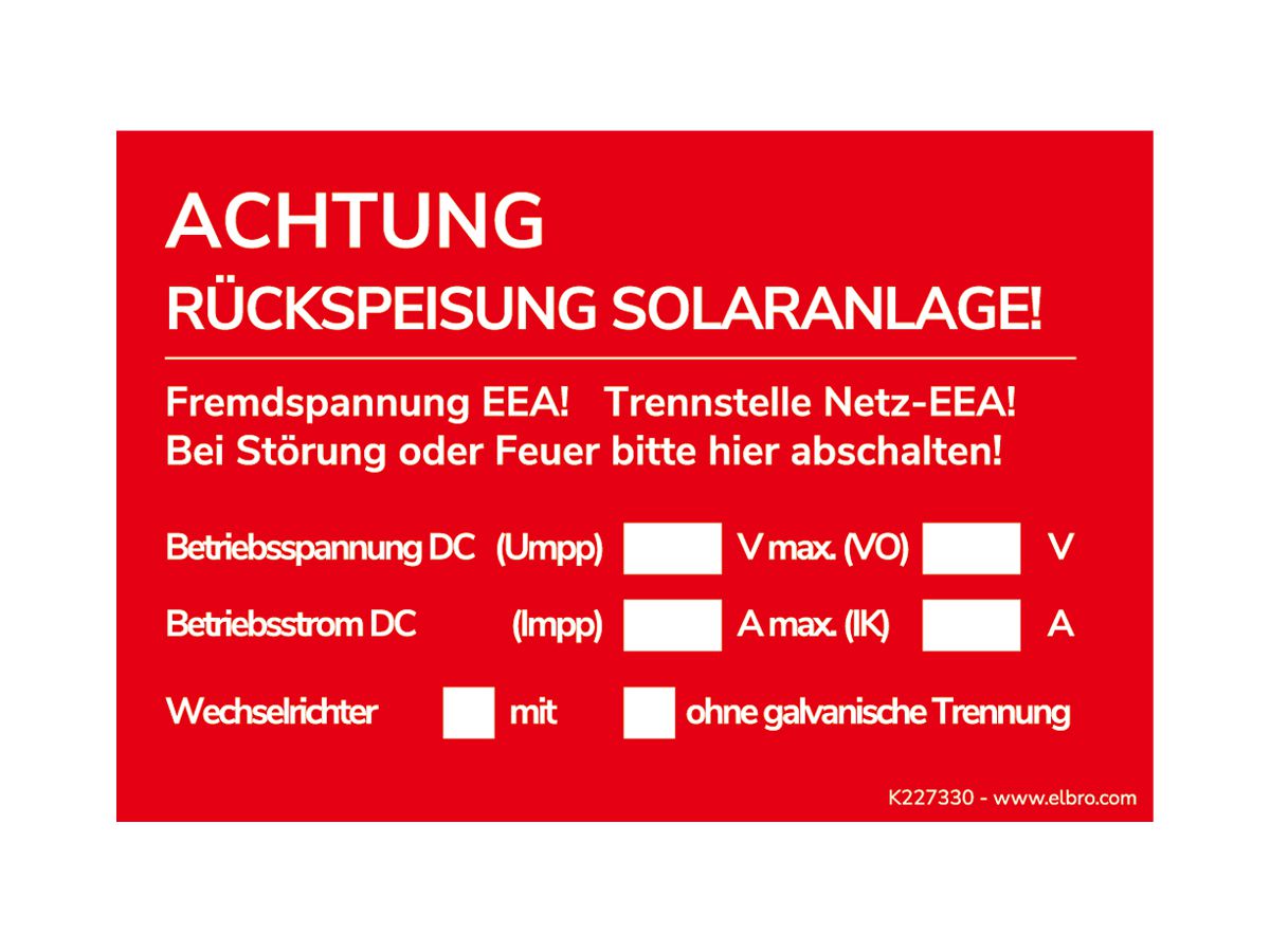 Warnaufkleber ACHTUNG Rückspeisung Solaranlage! 90×60mm selbstklebend rot