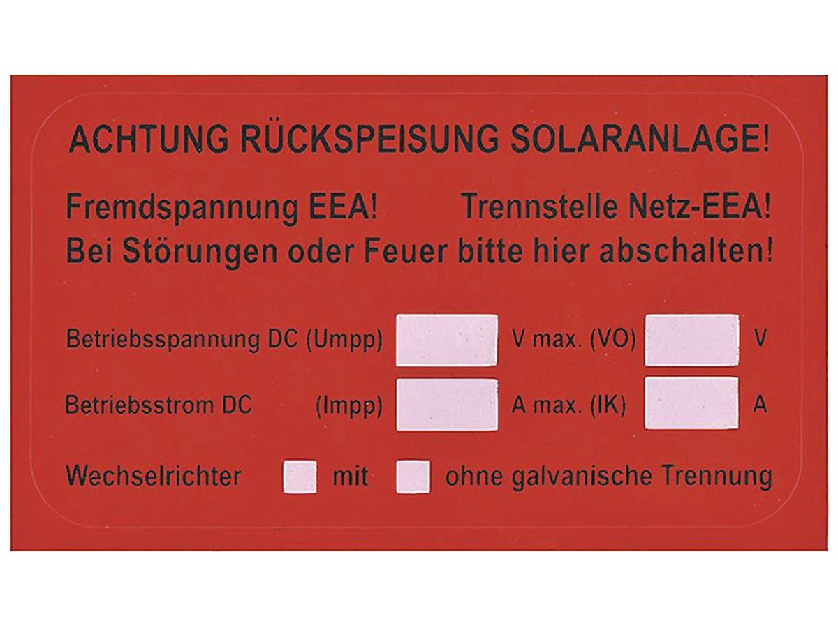 Etikette Plica EET UV HA DE: ACHTUNG RÜCKSPEISUNG SOLARANLAGE! + EEA