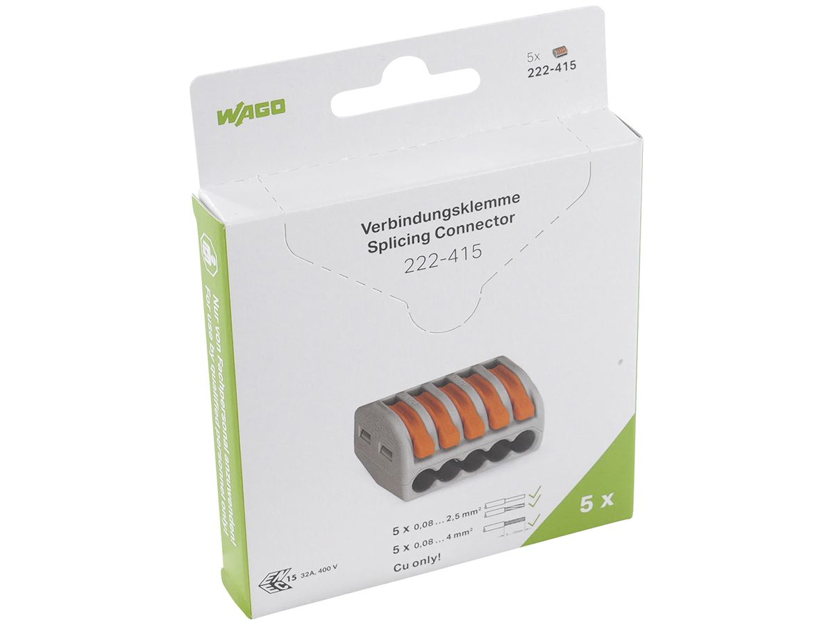 Verbindungsklemme WAGO 222-415 in Blister 5 Stück 5L 0.08…4mm² 32A 400V grau