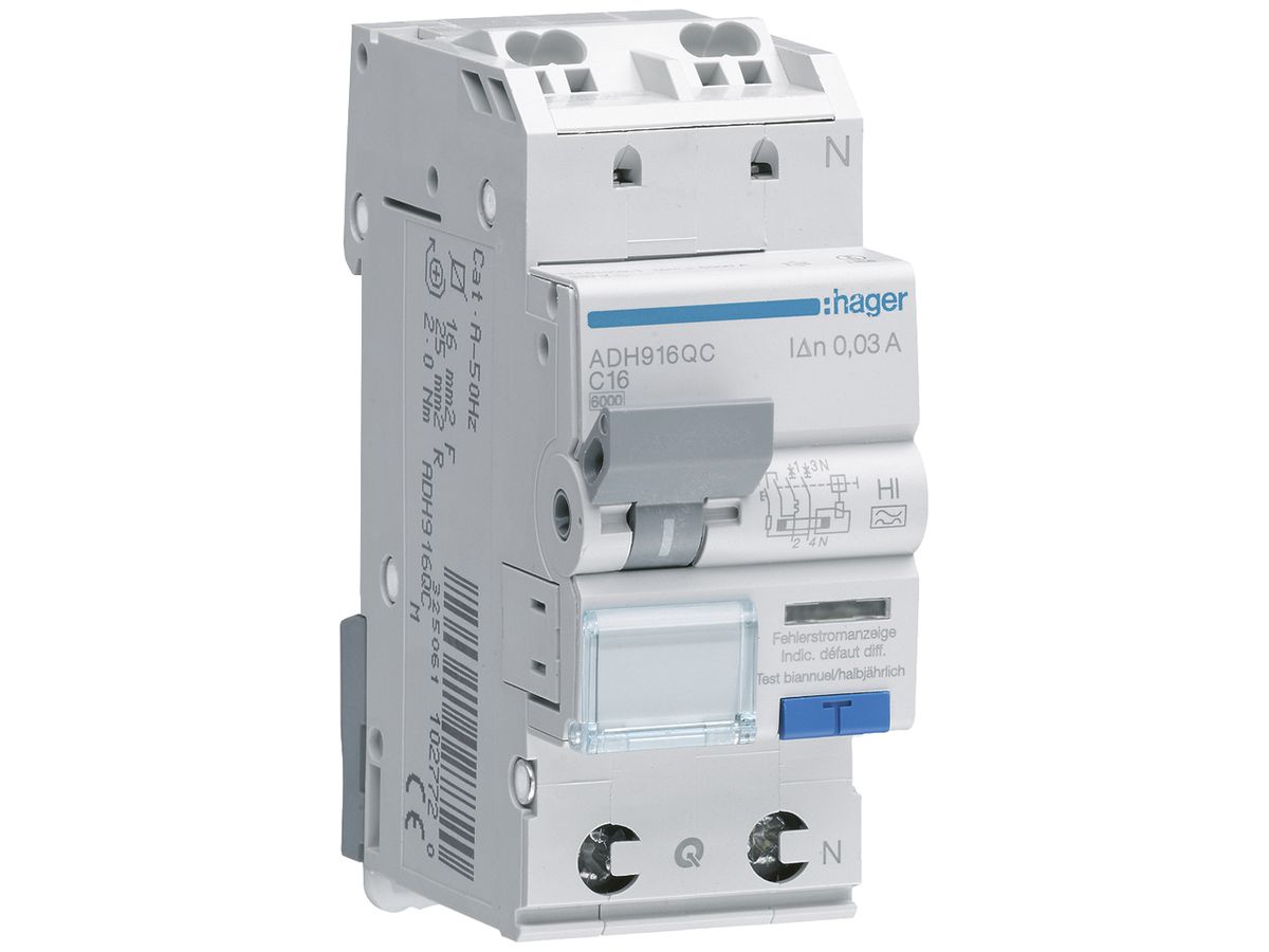 FI/LS-Schalter Hager RCBO QC 2P 230V Char.C 16A 0.03A 6kA 2TE