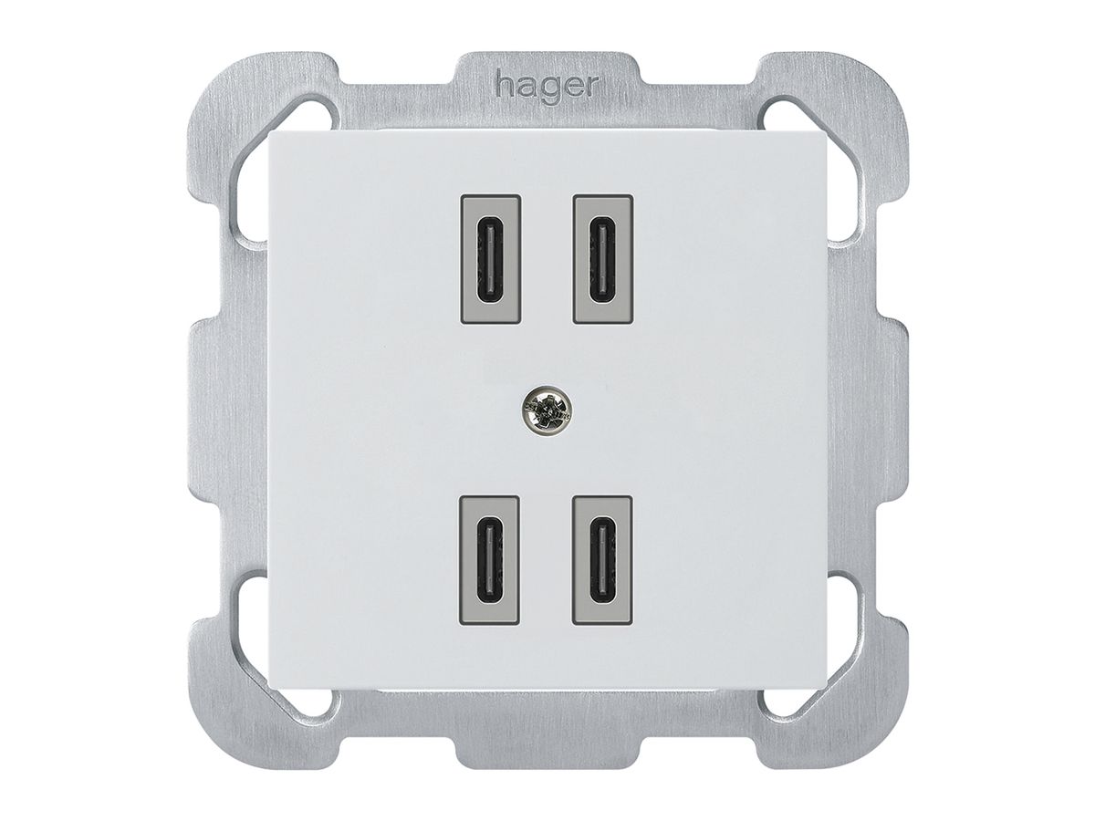 UP-USB-Ladesteckdose Hager kallysto 2×C-C 2×20W oder 4×10W 5V 77×77mm weiss
