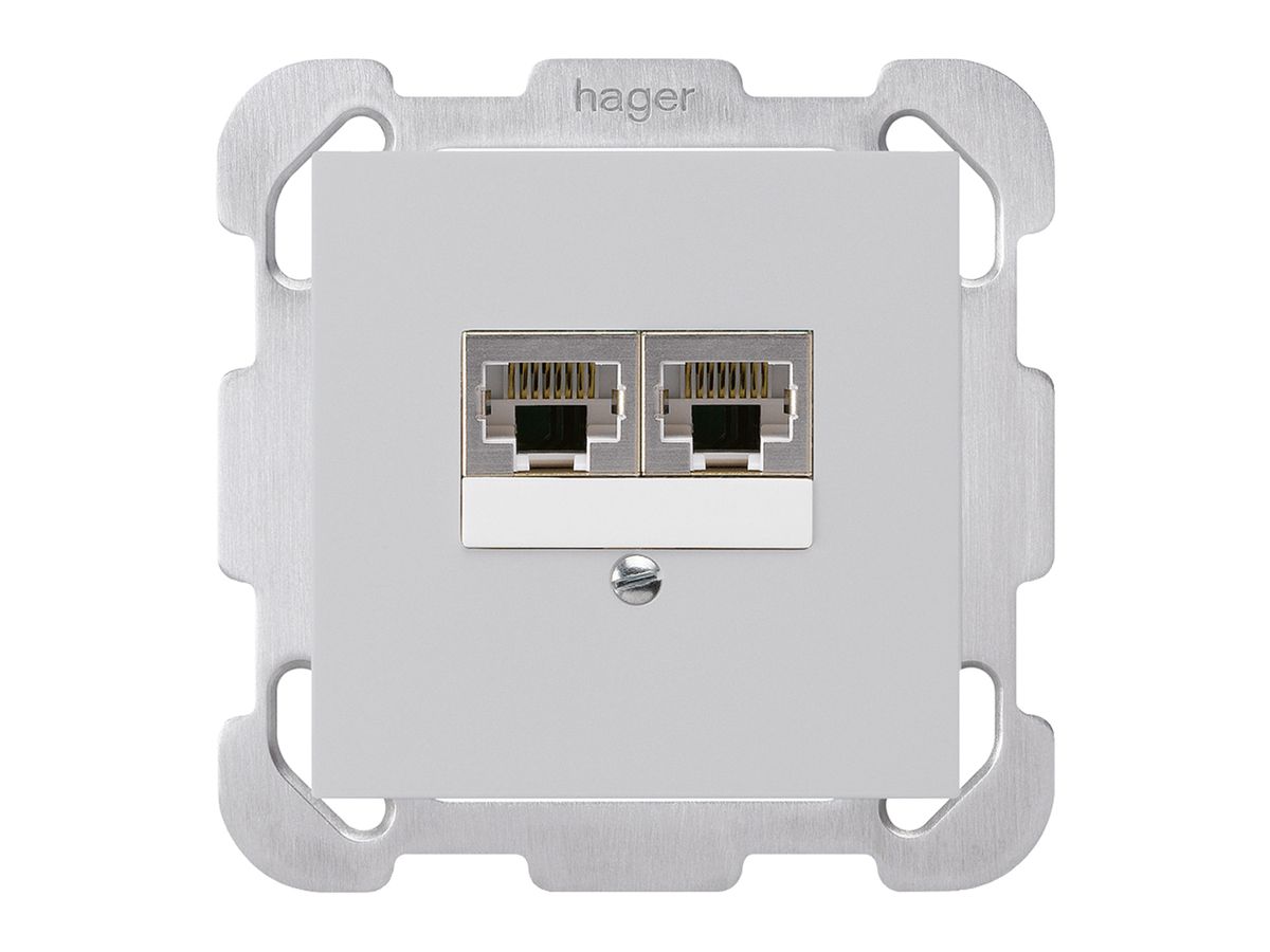 UP-Dose kallysto 2×RJ45s getrennt UKV hellgrau mit Befestigungsplatte