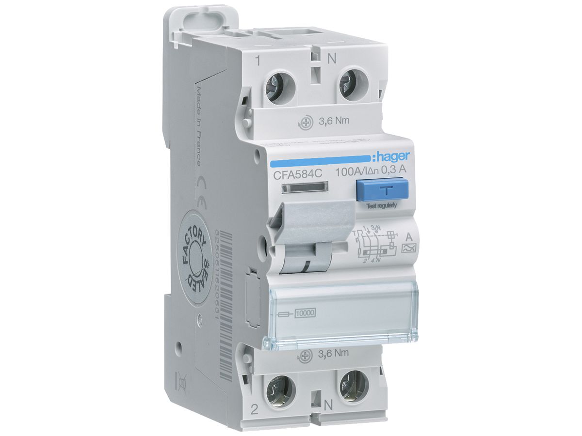 Fehlerstrom-Schutzschalter Hager RCCB (RCD) 2P 230V 0.3A Typ A 100A 10kA 2TE